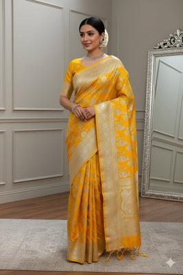 Sijlin Woven, Floral Print, Self Design Handloom Satin Saree(Gold)
