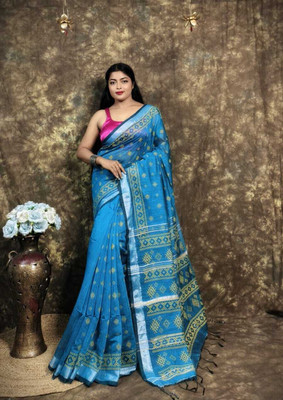 CommonHouseee Printed Handloom Viscose Rayon Saree(Blue)