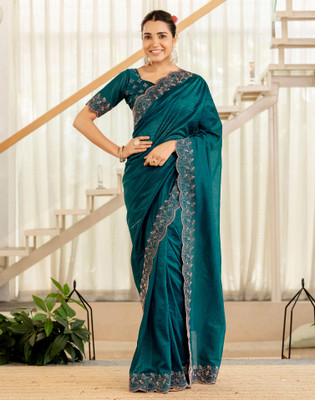Satrani Embellished Bollywood Tissue Saree(Blue)