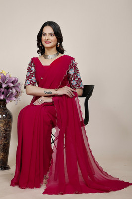SAADHYA CREATION Embroidered, Solid/Plain Bollywood Georgette Saree(Maroon)