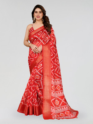 Bandhanivilla Printed Bandhani Cotton Blend Saree(Red)