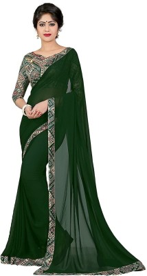 PinkEVE Embroidered Daily Wear Chiffon Saree(Dark Green)