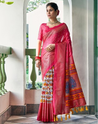 Satrani Woven, Embellished, Printed Banarasi Cotton Silk, Art Silk Saree(Pink, White, Multicolor)