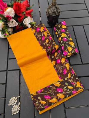 manish Solid/Plain Bollywood Cotton Blend Saree(Yellow)