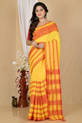 eC ESHA'S COLLECTION Printed Handloom Cotton Blend Saree(Yellow, Red)