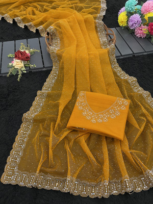 VarniRaaj Fashion Embellished Bollywood Supernet Saree(Gold)