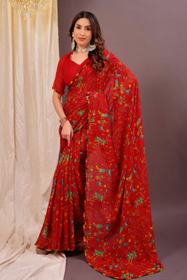 Yugaveeraa Printed Daily Wear Georgette Saree(Red)