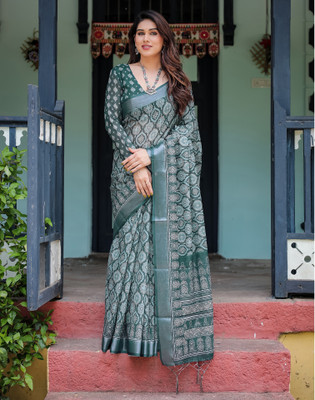 Satrani Floral Print Bollywood Linen Saree(Green)