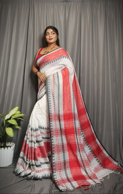 PRANATI ENTERPRISE Printed Handloom Linen Saree(White, Grey)