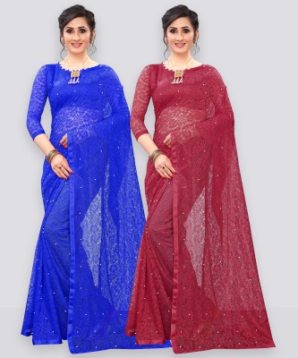 LOROFY Self Design Bollywood Net Saree(Pack of 2, Blue, Maroon)