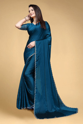 saanvi Self Design Bollywood Silk Blend Saree(Blue)