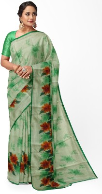 Kayaan Printed Daily Wear Pure Cotton Saree(Light Green)