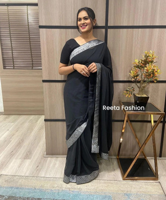 Julee Solid/Plain Bollywood Georgette Saree(Black)