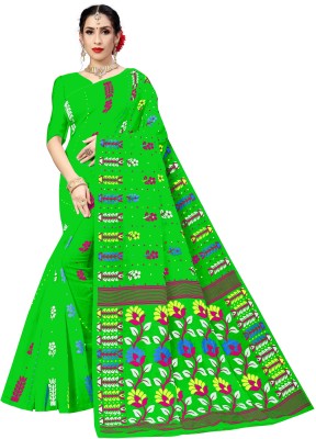 ARIYA PRINTS Floral Print Jamdani Cotton Silk Saree(Green)