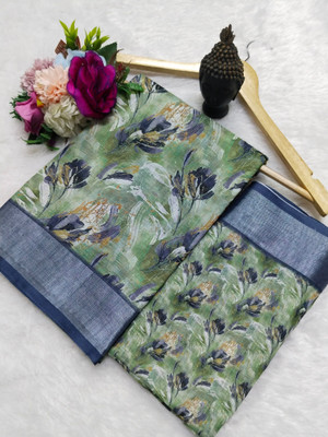 HangerStories Embroidered, Woven Kanjivaram Linen, Cotton Linen Saree(Green)