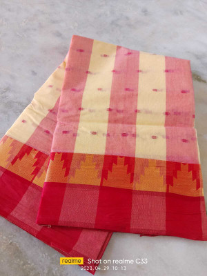 p fashion Self Design Tant Pure Cotton Saree(Cream, Red)