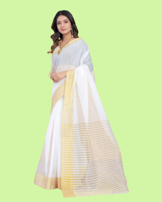 shree laxmi Woven Kasavu Pure Cotton Saree(White)
