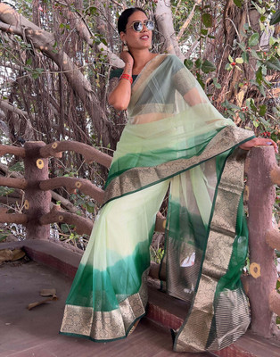 KOTHARI SST Solid/Plain Bandhani Organza Saree(Light Green)