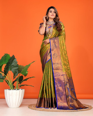 Jyanshu Creation Embellished Kanjivaram Silk Blend Saree(Light Green)