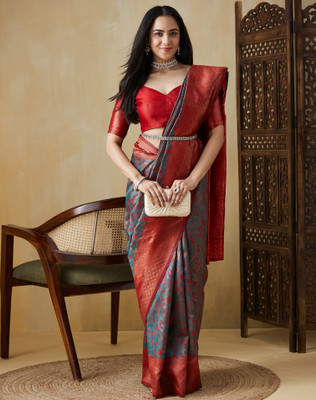 SIRIL Woven, Embellished Banarasi Silk Blend Saree(Red, Green)