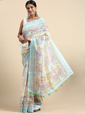 AWRIYA Floral Print Handloom Handloom Linen Saree(Green)