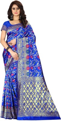 SAREEFLAME Embellished, Floral Print, Self Design, Woven Kanjivaram Art Silk Saree(Blue)