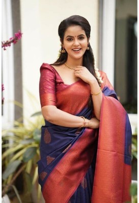 JIKUBA Woven Bollywood Silk Blend Saree(Dark Blue)