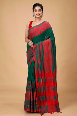 SSK Striped Bollywood Cotton Blend Saree(Green, Red)