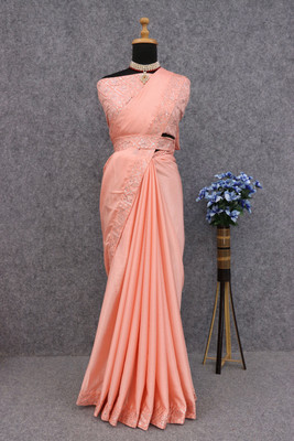 Pionex Solid/Plain, Embroidered Bollywood Chiffon, Silk Blend Saree(Orange)