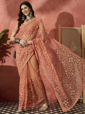 Sangria Embroidered Saree with Attached Blouse Net Saree(Pink)