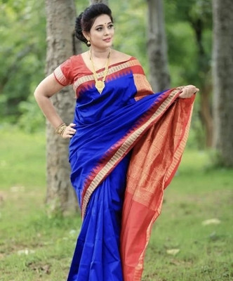 Ansari Fabrics Temple Border Sambalpuri Art Silk Saree(Blue)
