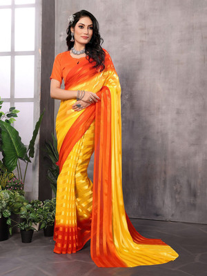 Moda Rapido Striped, Self Design Daily Wear Satin Saree(Yellow)