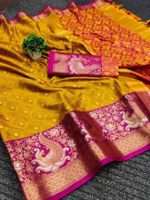 Aika Self Design Banarasi Pure Silk Saree(Pink, Yellow)