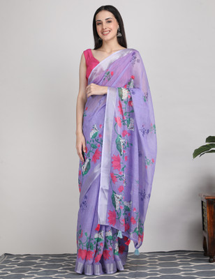 Tantvi Printed, Floral Print, Animal Print Handloom Cotton Linen Saree(Multicolor)