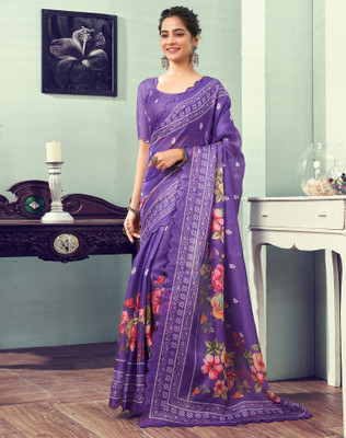 Divastri Floral Print, Printed Kota Doria Cotton Blend Saree(Purple, Multicolor)