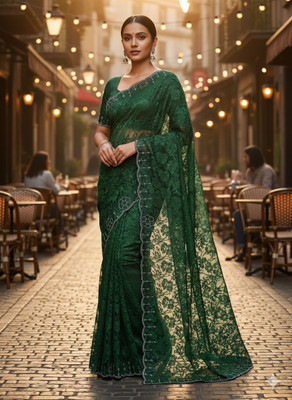 Sudev fashion Self Design Saree with Attached Blouse Net Saree(Green)