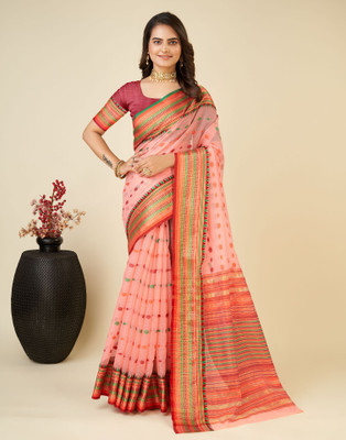 Samah Woven, Embellished, Striped Kota Doria Silk Blend Saree(Pink, Multicolor)