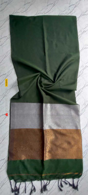 SAYAN CREATION Self Design, Temple Border Handloom Cotton Blend Saree(Dark Green)