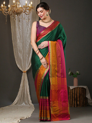 ANOUK Woven Tant Silk Blend Saree(Green)