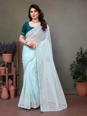 Sakifashion Striped Bollywood Net Saree(Light Blue)