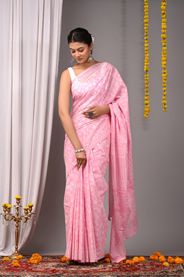 Taavi Blocked Printed Kota Doria Cotton Blend Saree(Pink)