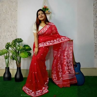 Mondal Saree Centre Printed Jamdani Cotton Silk Saree(Red)