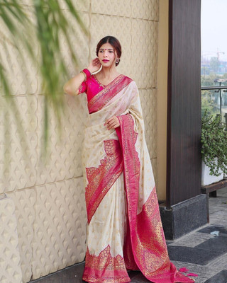 Bansari Textiles Self Design Bollywood Jacquard, Pure Silk Saree(White)