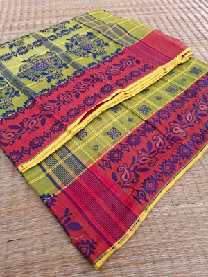 KhayaFashion Woven Jamdani Pure Cotton Saree(Dark Green, Pink)