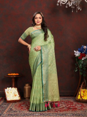 Niwaa Printed, Self Design, Embellished, Woven, Animal Print, Blocked Printed Paithani Jacquard, Silk Blend Saree(Green)