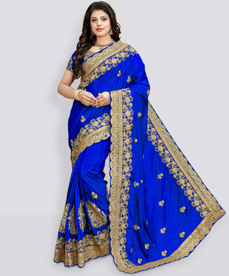 Kedar Fab Embroidered, Self Design, Embellished Bollywood Pure Silk Saree(Blue)
