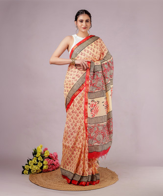 RP CREATION Printed Handloom Cotton Linen Saree(Multicolor)