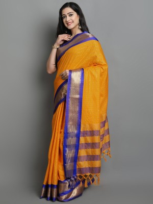 KCF Checkered, Embellished, Self Design, Striped, Woven Mysore Cotton Silk, Jacquard Saree(Yellow, Blue, Gold)