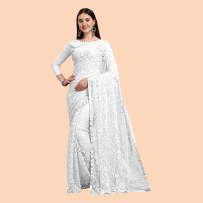 Nexaafashion Embroidered Bollywood Net Saree(White)
