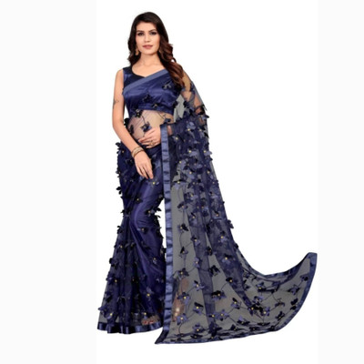 M KRISHNA CREATION Embroidered Bollywood Net Saree(Dark Blue)